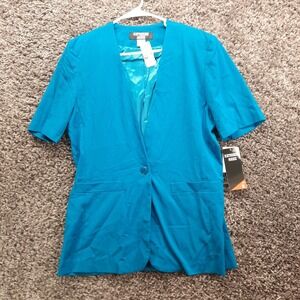 Vintage Katherine Marie Blazer Women 8 Blue Single Button Shoulder Padded V Neck